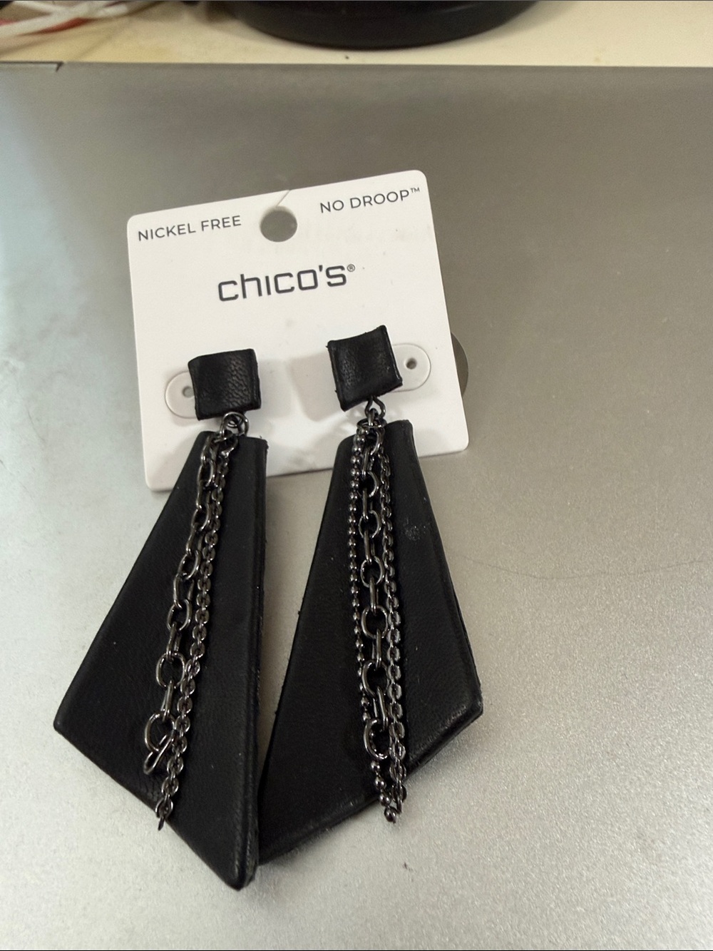 Leather black Chains Chico’s pierced earrings. NWT
